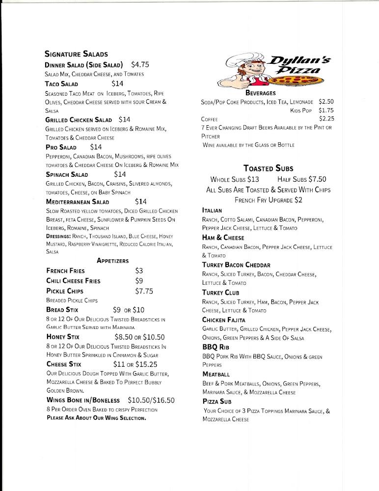 Dyllan's Pizza Menu Page 2
